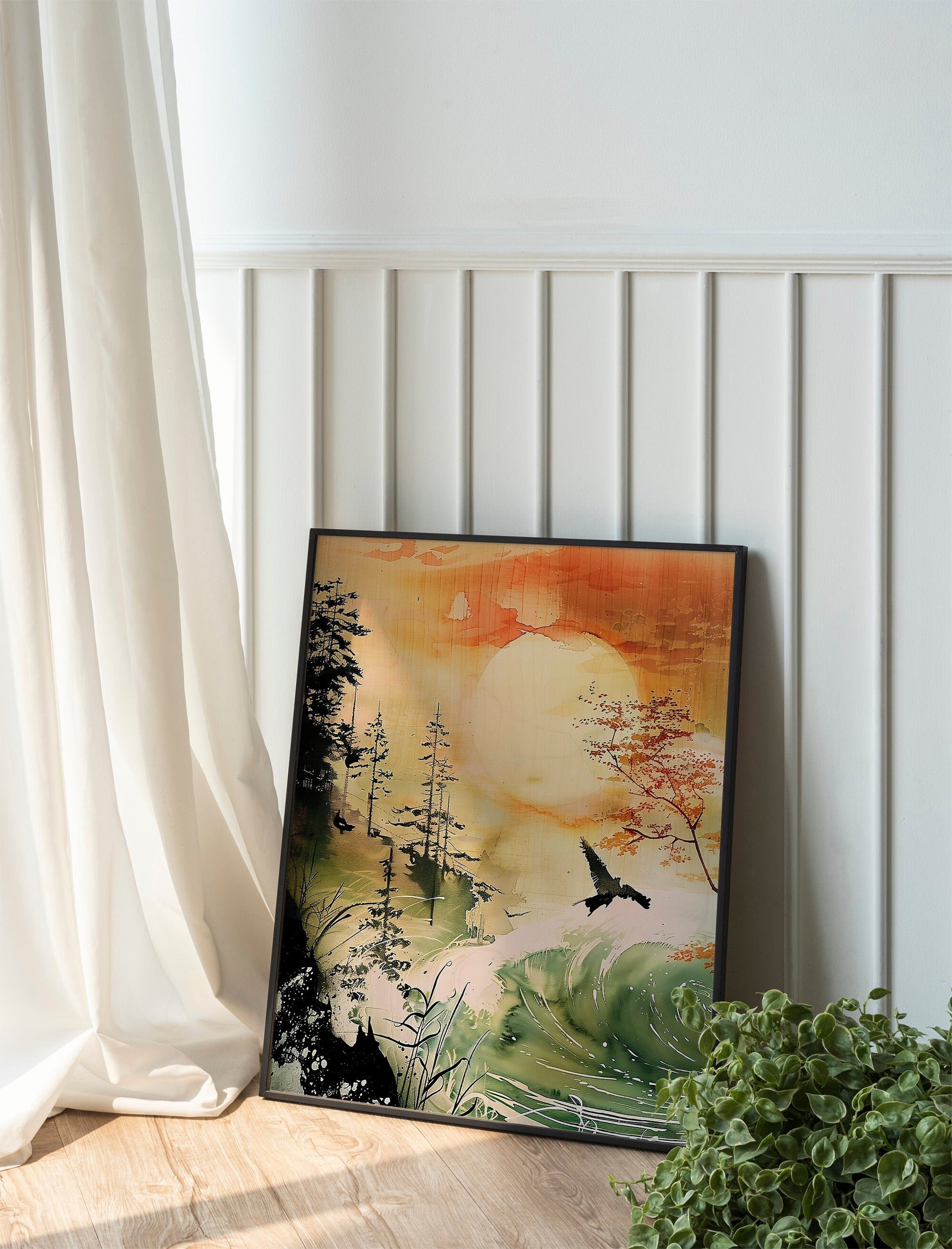Set of 3 Japandi Décor Japanese Wall Art Prints Minimalist Green Mountain Landscape Japanese Art Prints Home Wall Decoration