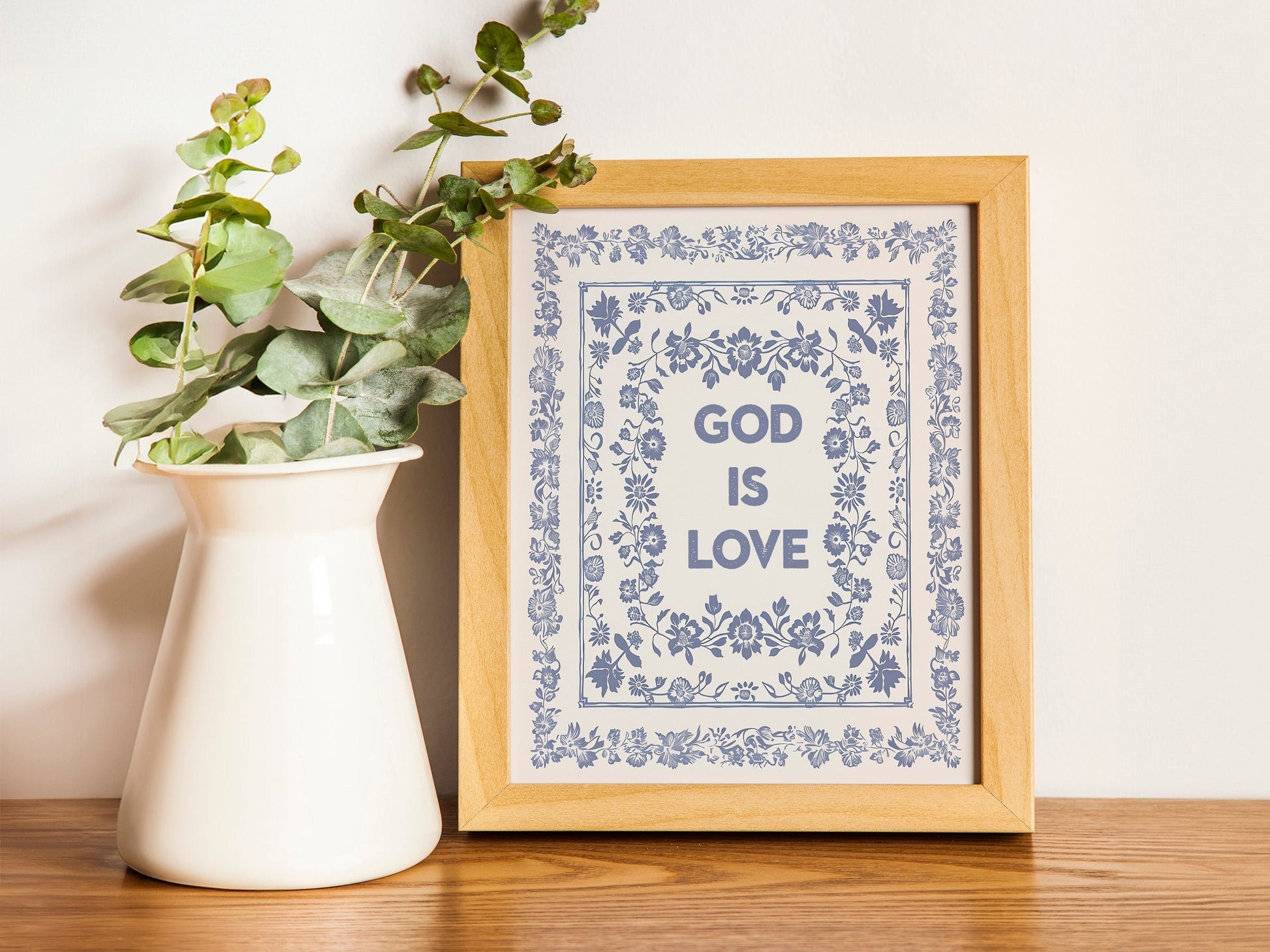 God Is Love Light Blue Square Print Vintage Minimalist Style Wall Art Kitchen Living Room Art Blue Thin Line Scripture Design