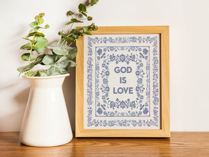 God Is Love Light Blue Square Print Vintage Minimalist Style Wall Art Kitchen Living Room Art Blue Thin Line Scripture Design