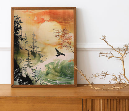 Set of 3 Japandi Décor Japanese Wall Art Prints Minimalist Green Mountain Landscape Japanese Art Prints Home Wall Decoration