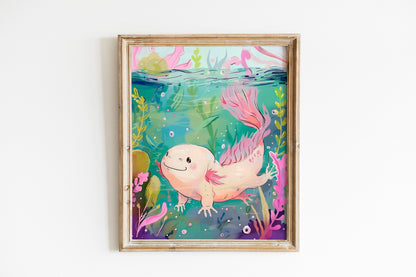 Cozy Wall Decor Adorable Kawaii Axolotl Art Print Handmade Illustration Cute Gift for Nature Enthusiasts