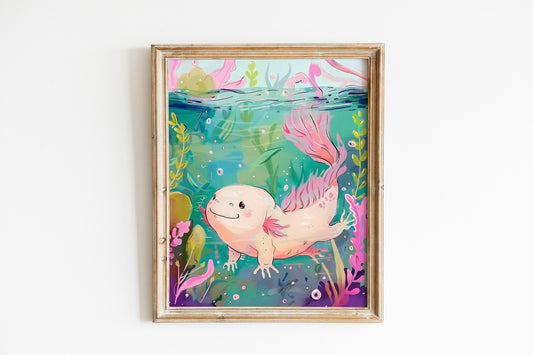 Cozy Wall Decor Adorable Kawaii Axolotl Art Print Handmade Illustration Cute Gift for Nature Enthusiasts