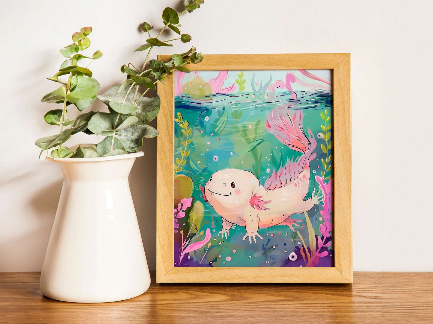 Cozy Wall Decor Adorable Kawaii Axolotl Art Print Handmade Illustration Cute Gift for Nature Enthusiasts