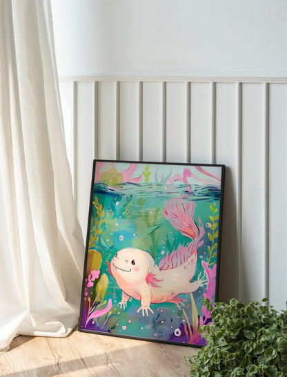 Cozy Wall Decor Adorable Kawaii Axolotl Art Print Handmade Illustration Cute Gift for Nature Enthusiasts