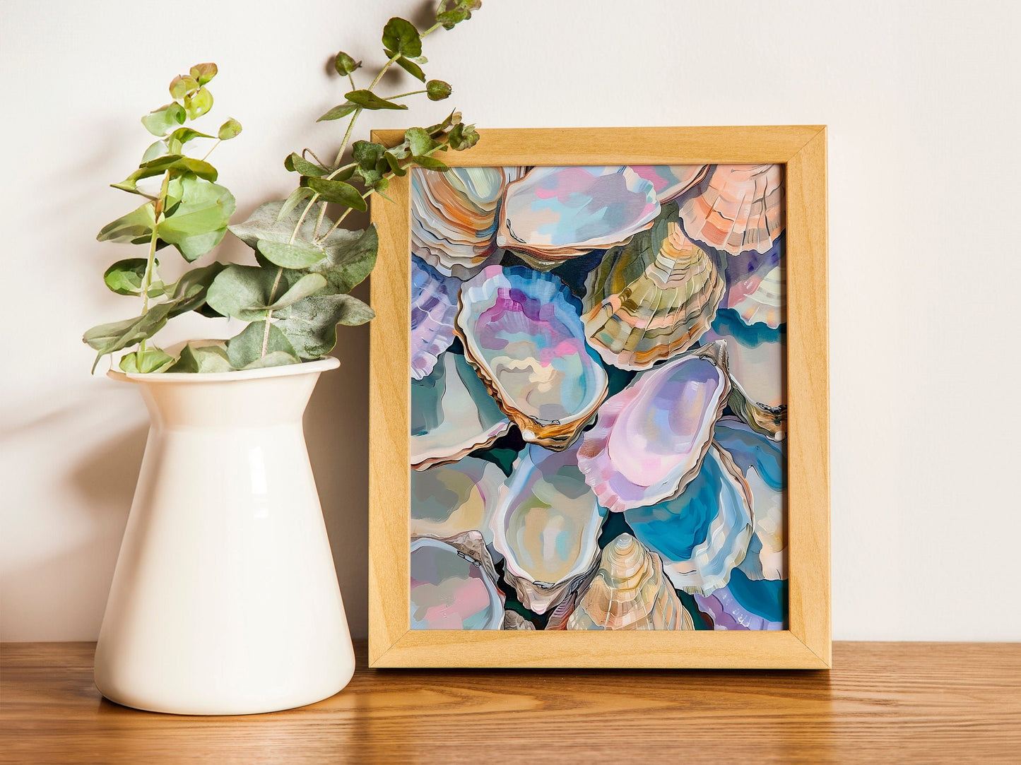 Colorful Pastel Oyster Shell Painting Abstract Coastal Beach House Wall Art Summer Dining Room Kitchen Decor