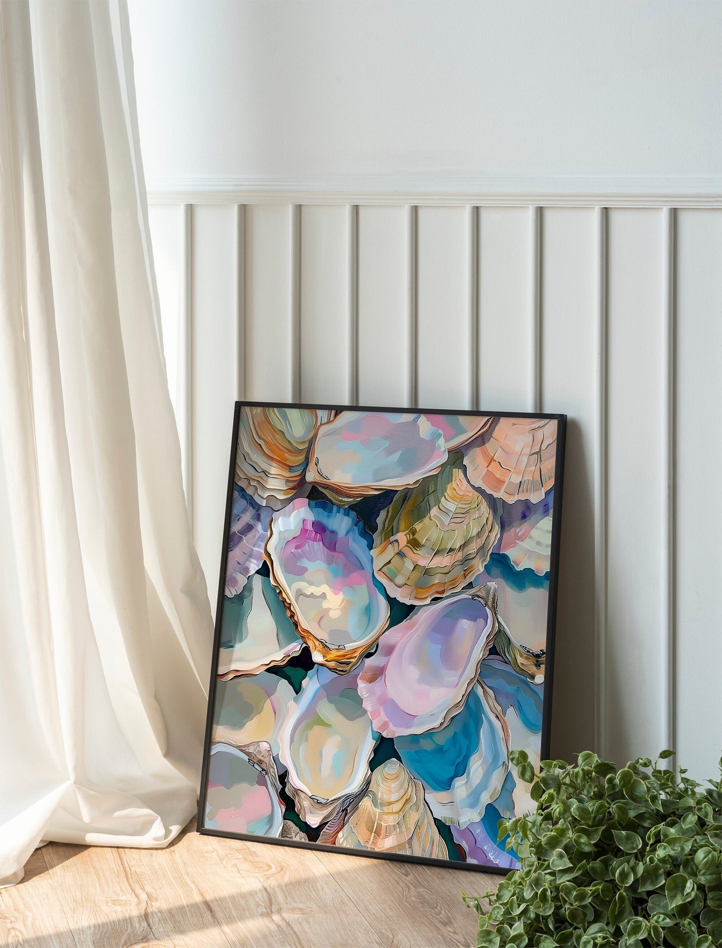 Colorful Pastel Oyster Shell Painting Abstract Coastal Beach House Wall Art Summer Dining Room Kitchen Decor