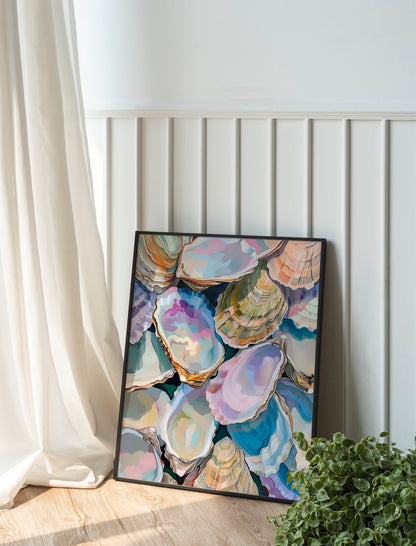 Colorful Pastel Oyster Shell Painting Abstract Coastal Beach House Wall Art Summer Dining Room Kitchen Decor