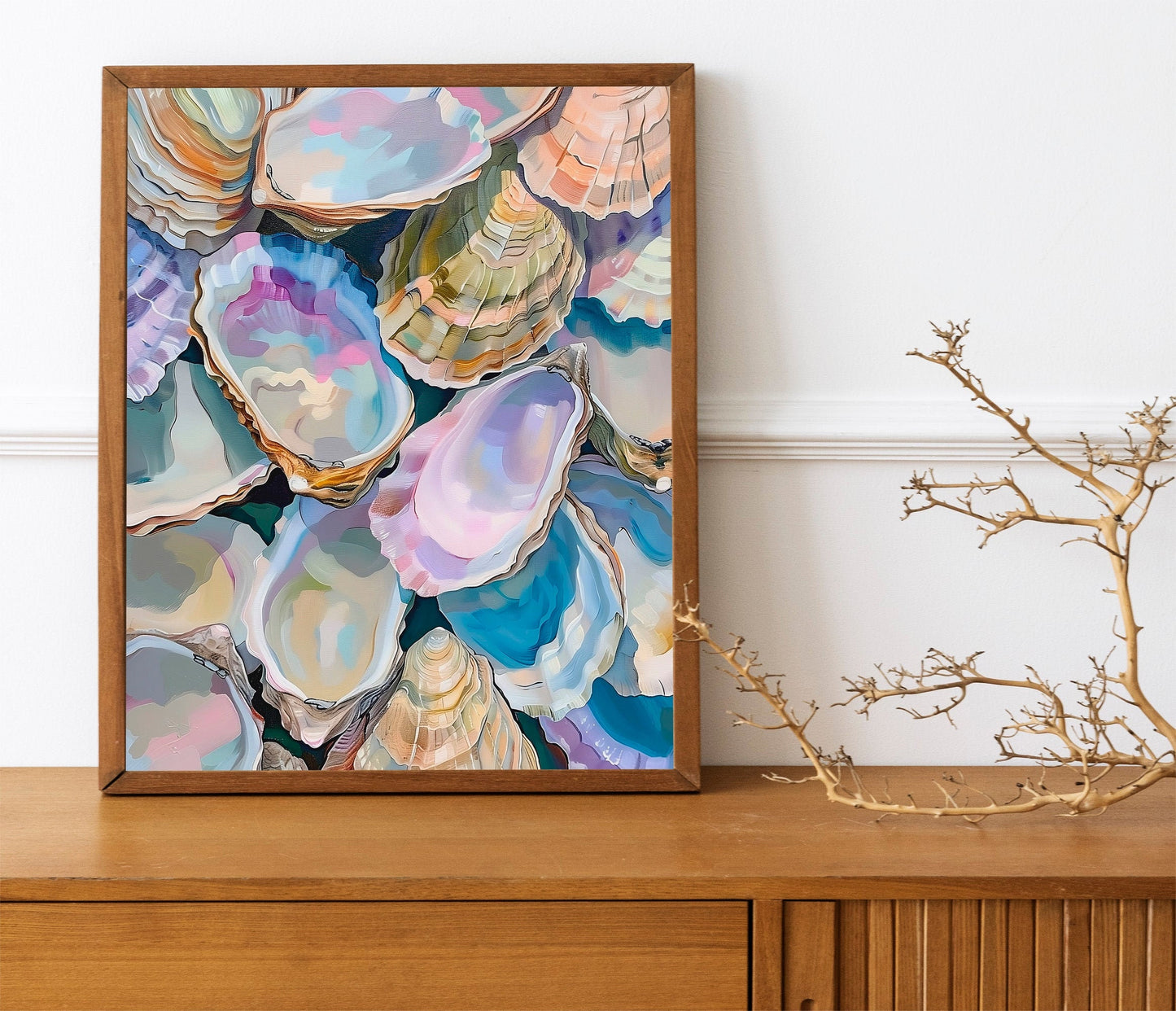Colorful Pastel Oyster Shell Painting Abstract Coastal Beach House Wall Art Summer Dining Room Kitchen Decor