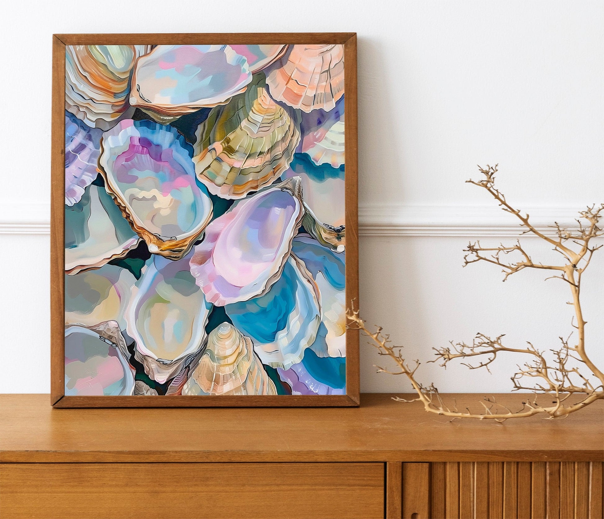 Colorful Pastel Oyster Shell Painting Abstract Coastal Beach House Wall Art Summer Dining Room Kitchen Decor