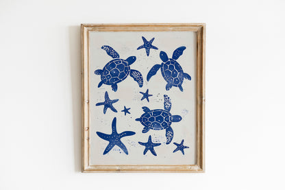 Beige and Sky Blue Sea Turtle Painting Coastal Boho Minimalist Poster Set Aesthetic Art Baby Blue Wall Oysters and Waves Line Art
