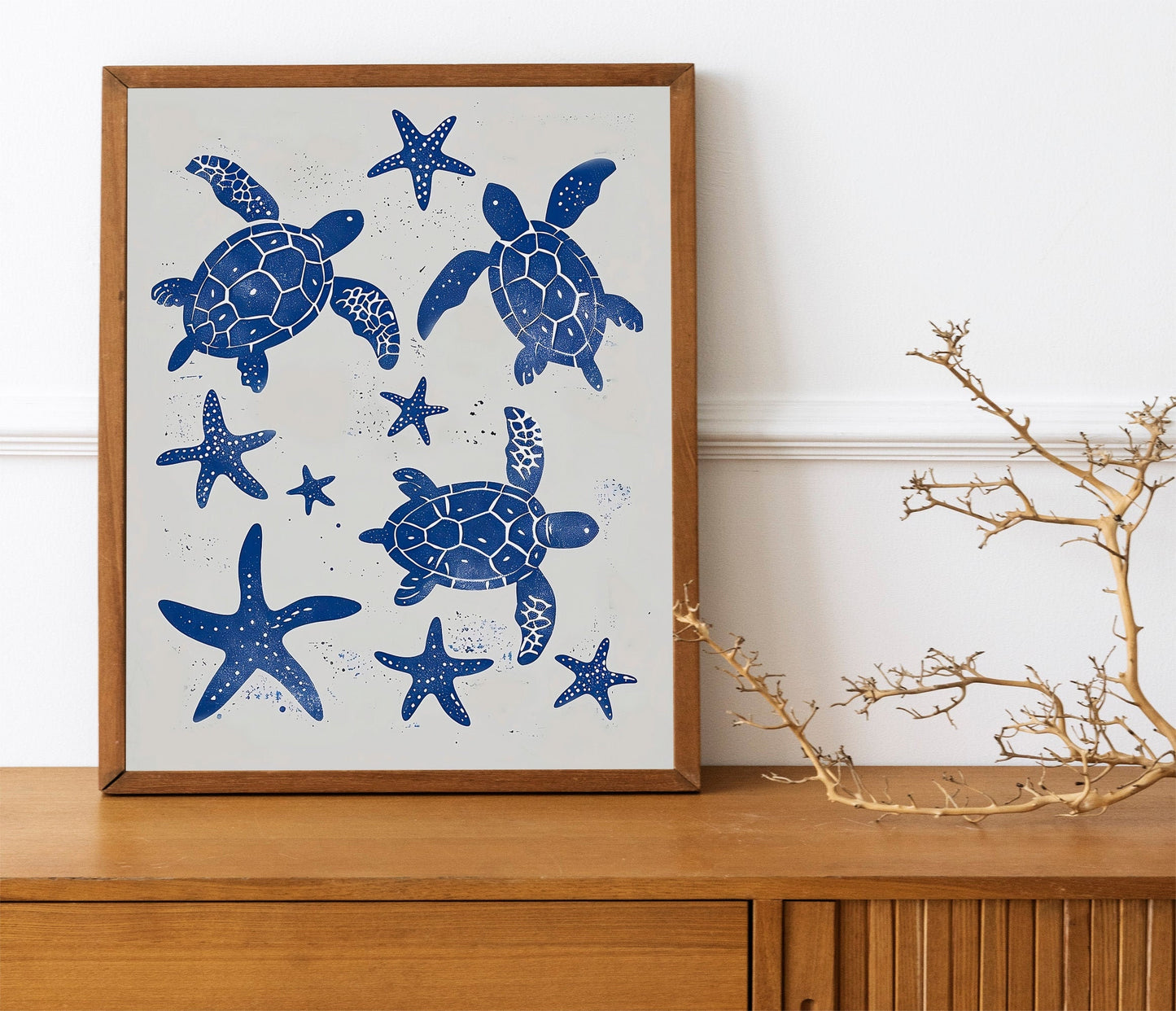 Beige and Sky Blue Sea Turtle Painting Coastal Boho Minimalist Poster Set Aesthetic Art Baby Blue Wall Oysters and Waves Line Art