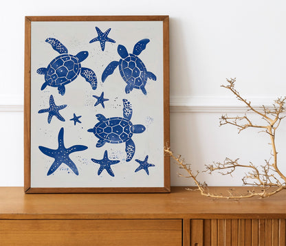 Beige and Sky Blue Sea Turtle Painting Coastal Boho Minimalist Poster Set Aesthetic Art Baby Blue Wall Oysters and Waves Line Art