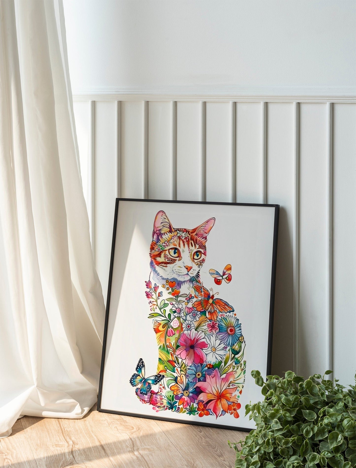 Illustration Prints Boho Cats Art Print Set Flower Art of Cats Wall Art Cat Artwork Home Decor Simple Art with House Plants