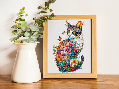 Boho Cats Art Print Set Flower Art of Cats Illustration Prints Wall Art Cat Artwork Home Decor Simple Art with House Plants