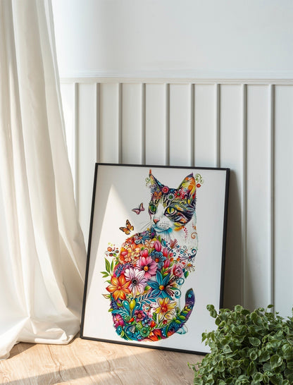 Boho Cats Art Print Set Flower Art of Cats Illustration Prints Wall Art Cat Artwork Home Decor Simple Art with House Plants