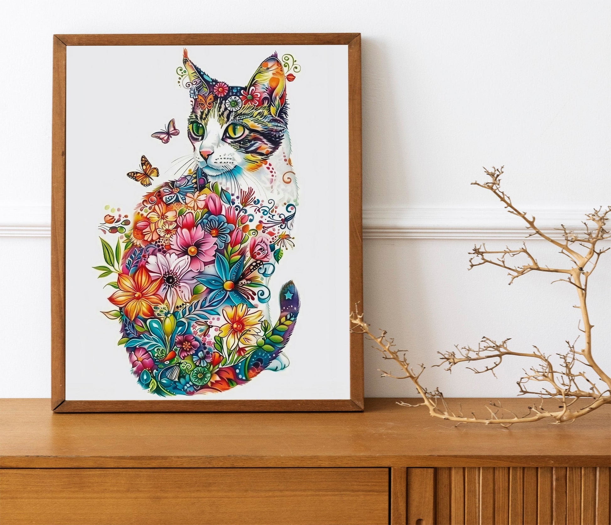 Boho Cats Art Print Set Flower Art of Cats Illustration Prints Wall Art Cat Artwork Home Decor Simple Art with House Plants