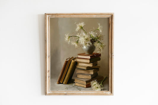 Soft Spring Floral Print Cottagecore Wall Art Light Academia Decor Delicate Floral Stack of Books Painting Wall Art