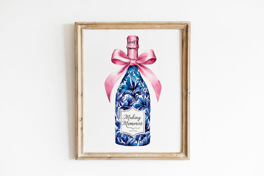 Blue White Bow Wall Art Bar Cart Decor Printable Poster Pink Preppy Wall Art Grandmillennial Holiday Poster Print