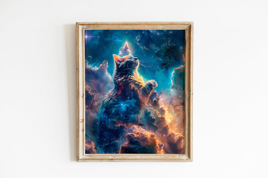 Cosmic Cliffs Cat Wall Art Celestial Artwork Vibrant Night Sky Print for Cat and Space Lovers with Crescent Moon Panoramic View