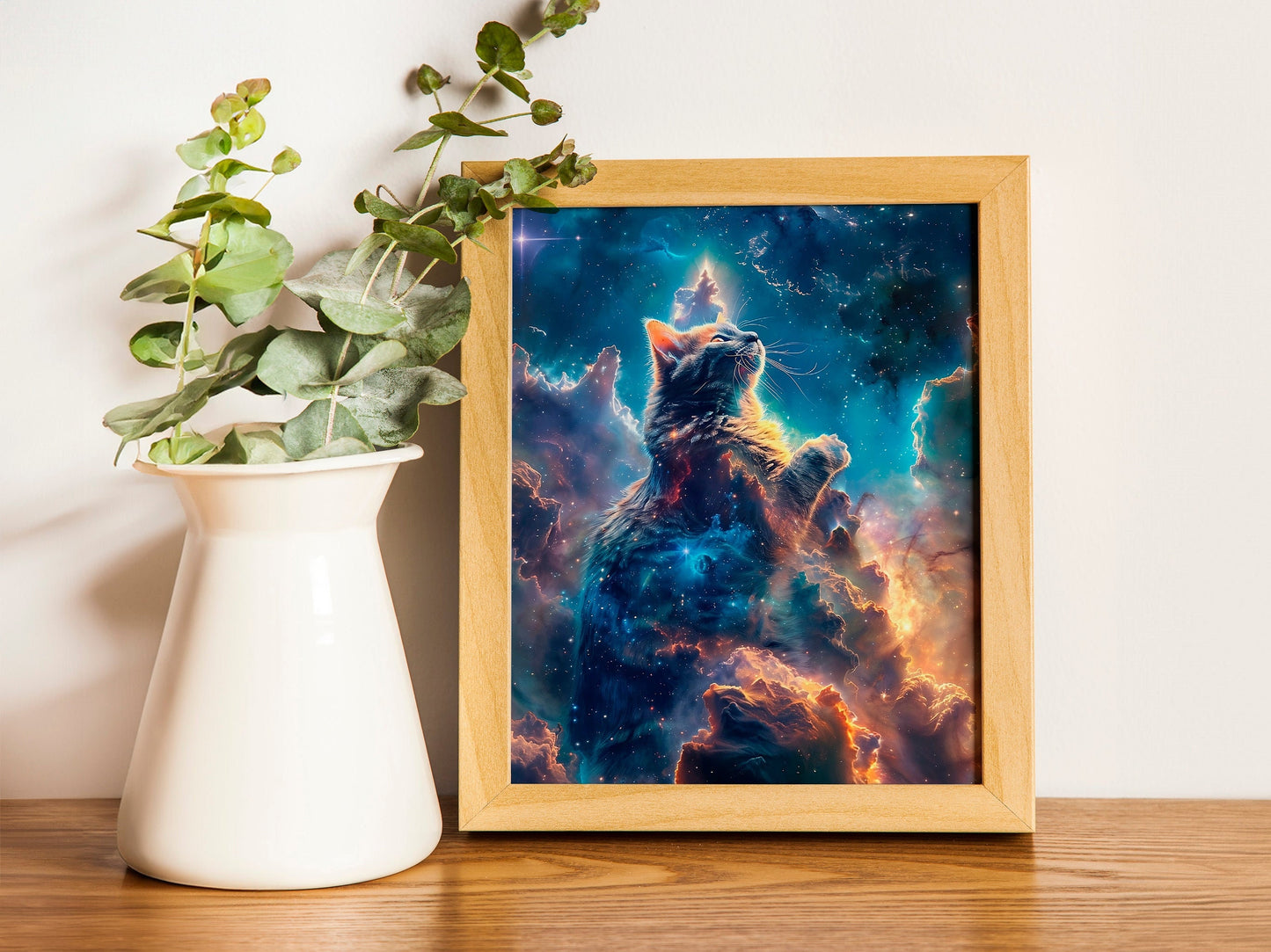 Cosmic Cliffs Cat Wall Art Celestial Artwork Vibrant Night Sky Print for Cat and Space Lovers with Crescent Moon Panoramic View