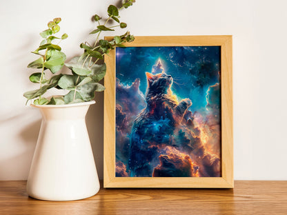 Cosmic Cliffs Cat Wall Art Celestial Artwork Vibrant Night Sky Print for Cat and Space Lovers with Crescent Moon Panoramic View