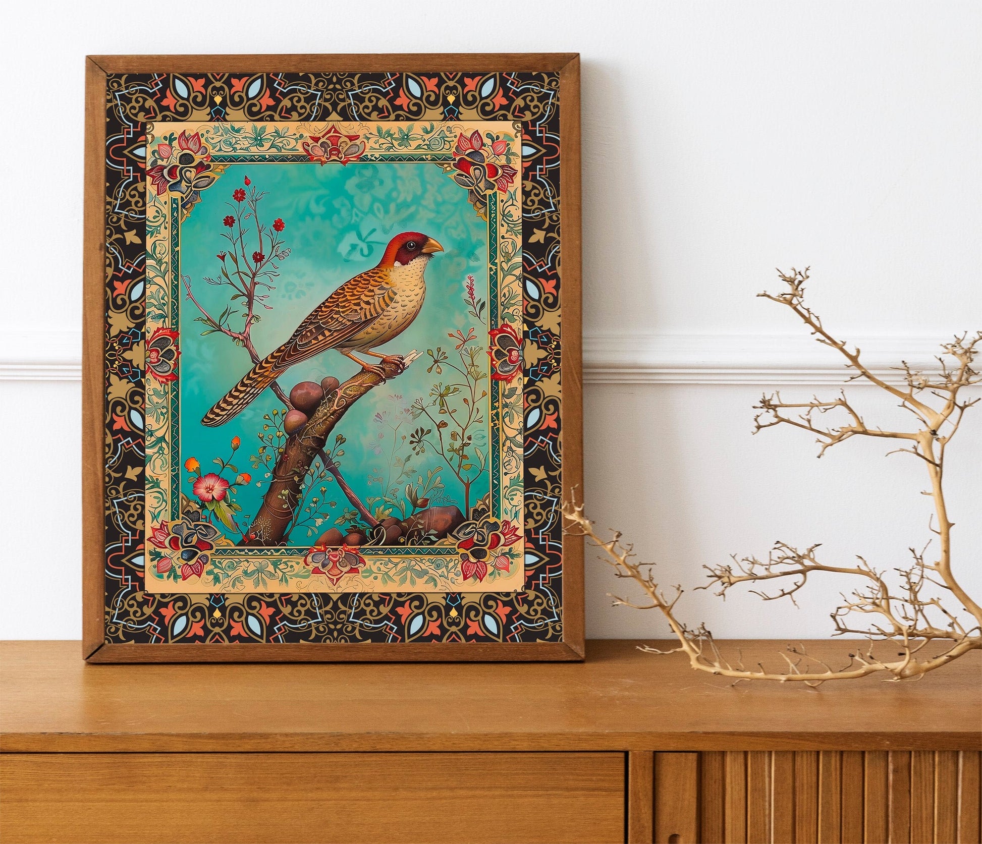 Persian Mughal Miniature Art Traditional Featuring Birds and Tree Beautiful Gallery Wall Arts Rare Hi-Res Giclée Prints