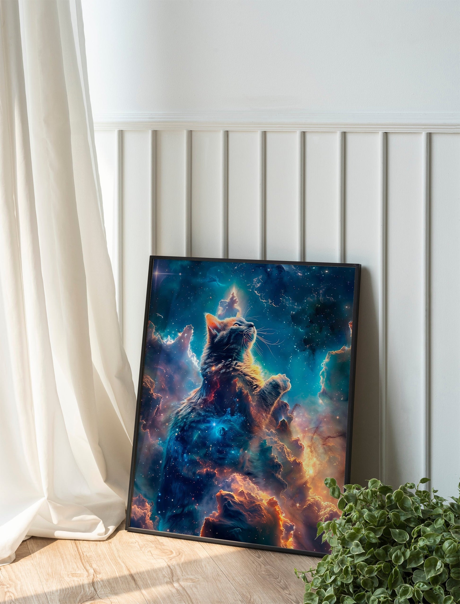 Cosmic Cliffs Cat Wall Art Celestial Artwork Vibrant Night Sky Print for Cat and Space Lovers with Crescent Moon Panoramic View
