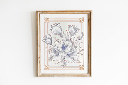 Minimalist Tulip Illustration Print Vintage Sketch Wall Art Trendy Decor Abstract Vintage Painting Cornflower Blue Botanical Art