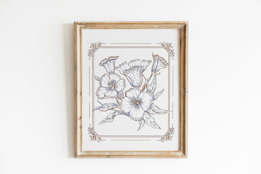 Minimalist Tulip Illustration Print Vintage Sketch Wall Art Trendy Decor Abstract Vintage Painting Cornflower Blue Botanical Art