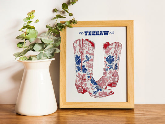 Minimalist Southern Wall Art Pink and Blue Cowboy Boots Print Vintage Western Cowgirl Art Cute Apartment Decor Blue Cowboy Boots Poster