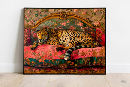Cheetah Lying On Sofa Art Print, Cheetah Print, Luxury Art