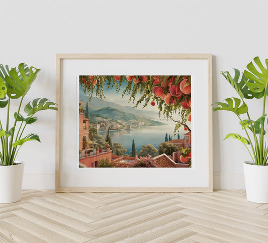 Lake and Mountains Art Print, Peach Tree, Vintage Plant Art, Vintage Garden Art, Tree and Mountains Art, Nature Wall Decor