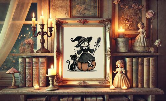 Halloween Vintage Young Witch with Broom on Pumpkin with Cat Art Print, Vintage Halloween, Vintage Halloween Illustration, Vintage Halloween