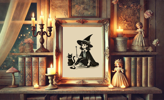 Halloween Vintage Young Witch in School Uniform Sitting with Cat Art Print, Vintage Halloween, Vintage Halloween Illustration, Black Cat
