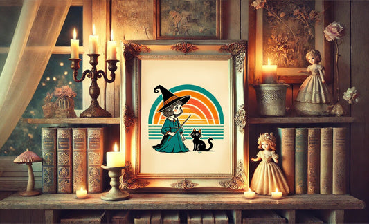 Halloween Vintage Young Witch Retro Art Print, Vintage Halloween, Vintage Halloween Illustration, Black Cat