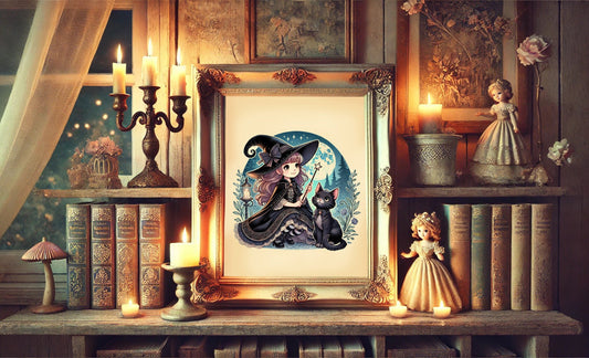 Halloween Vintage Young Witch in the Night Art Print, Vintage Halloween, Vintage Halloween Illustration, Black Cat, Witch with Black Cat