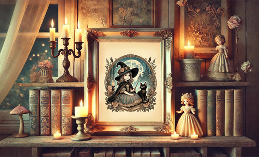 Halloween Vintage Young Witch in the Moonlight Art Print, Vintage Halloween, Vintage Halloween Illustration, Black Cat, Witch with Black Cat