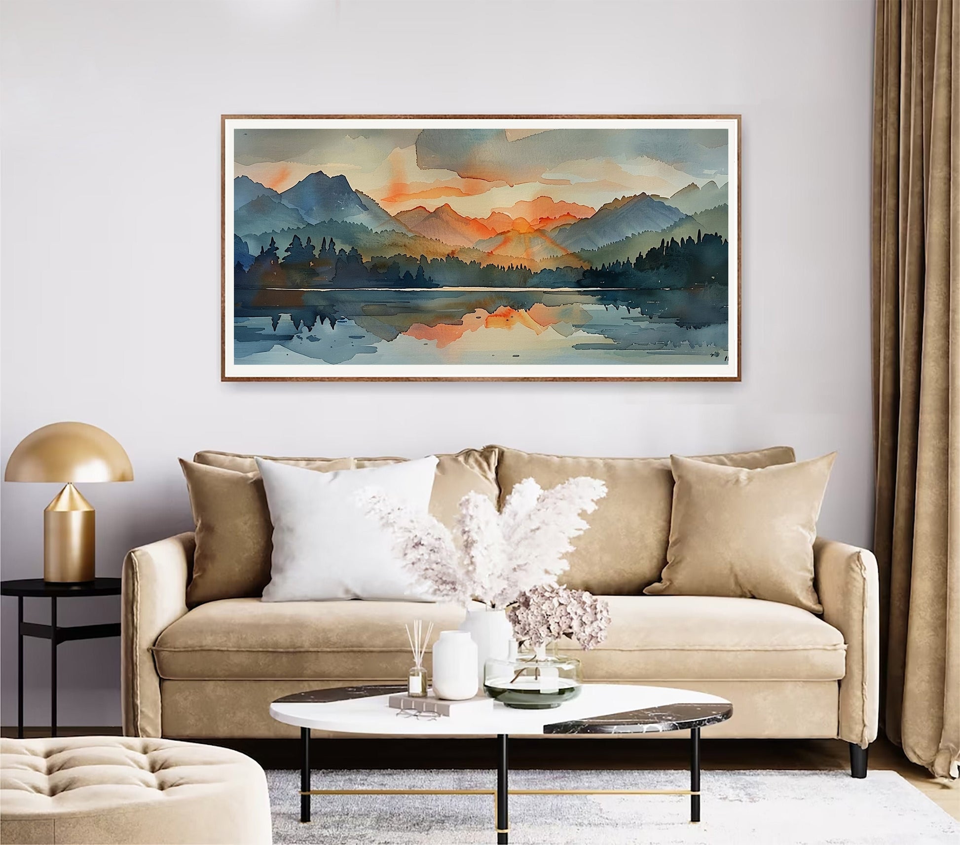 Watercolor Painting of a Forest Fire Canvas Print Landscape Art Depressing Cool Living Room Art Extra Large Panoramic Wall Deco