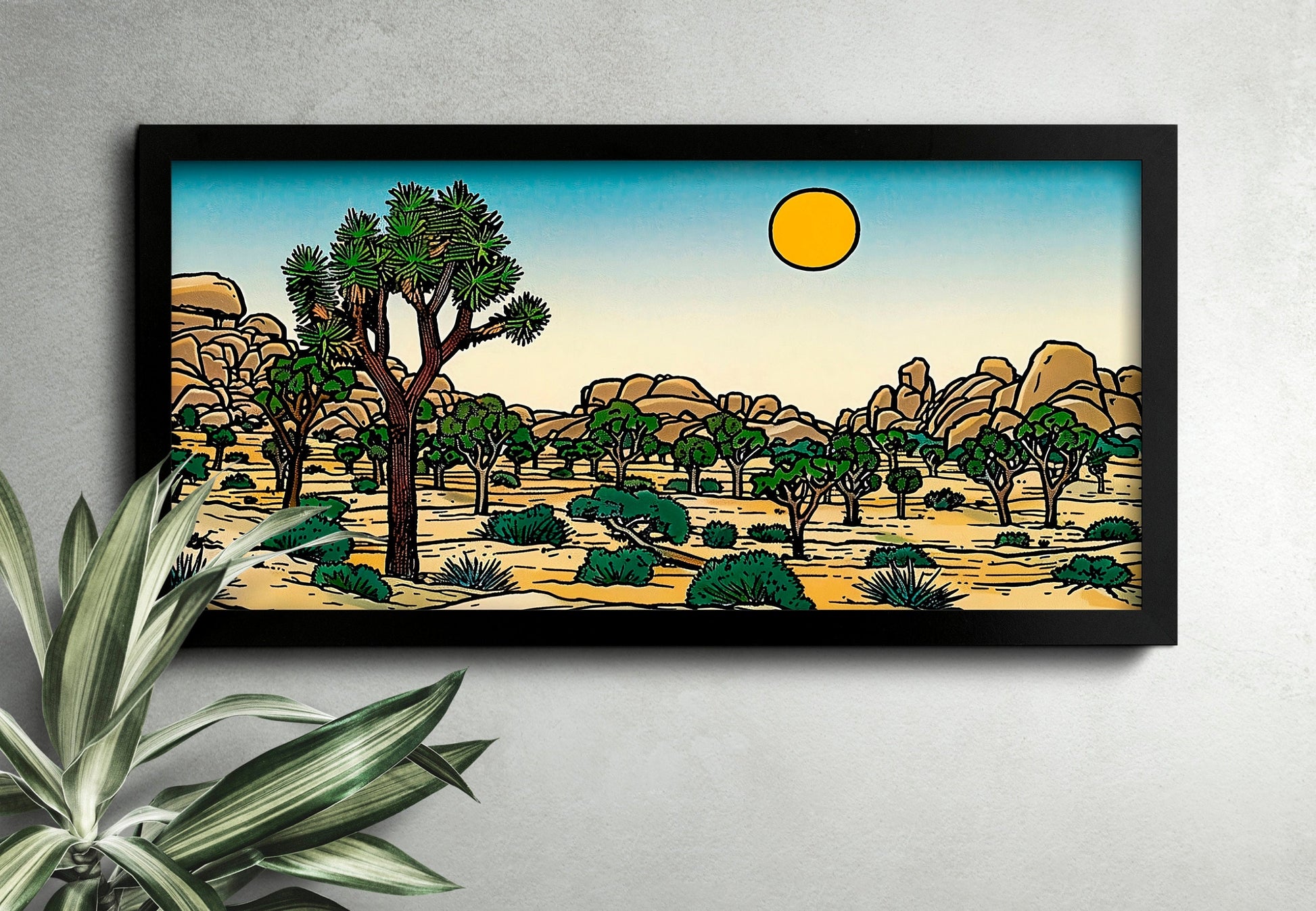 Minimalist Mountain Panorama Woodcut Desert Cactus Calm Lake Landscape Blue and Green Earth Tones Modern Tree Nature Wall Art