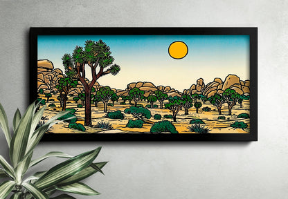 Minimalist Mountain Panorama Woodcut Desert Cactus Calm Lake Landscape Blue and Green Earth Tones Modern Tree Nature Wall Art