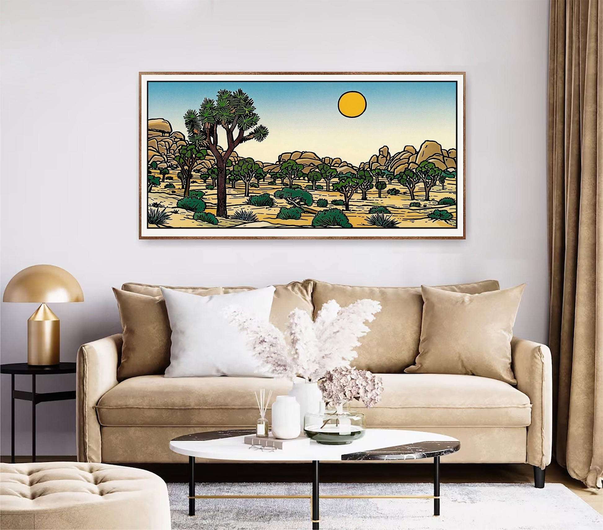 Minimalist Mountain Panorama Woodcut Desert Cactus Calm Lake Landscape Blue and Green Earth Tones Modern Tree Nature Wall Art