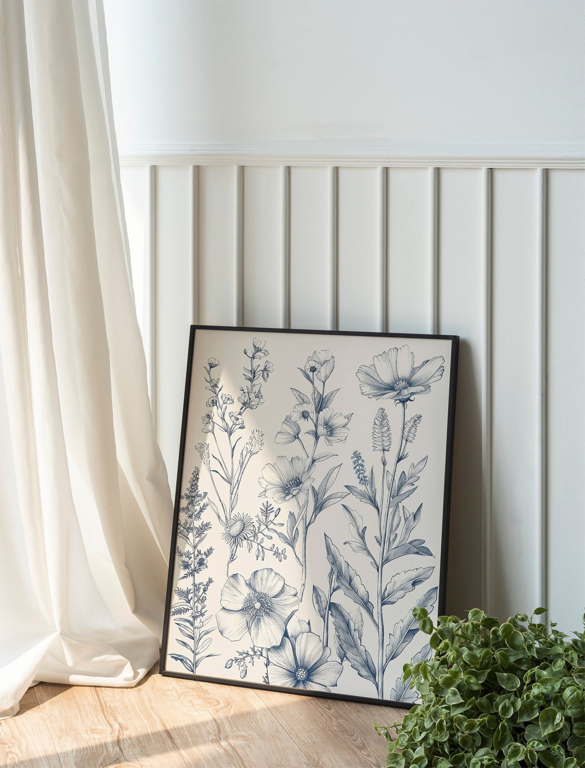 Chinoiserie Blue Botanical Wall Art 3 Piece Decor Minimalist Wall Art Botanical Print Set Blue Wild Flower Art for Home Decoration