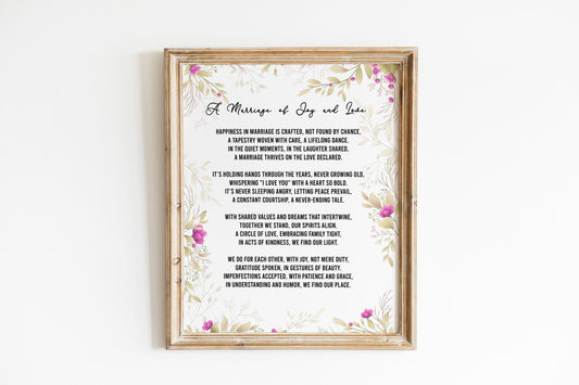 Floral Design Wedding Gift Personalized Poem Print Any Poetry Vows Reading Speech Typography Poster for Mum Wife Girlfriend