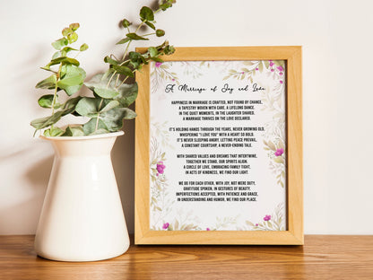 Floral Design Wedding Gift Personalized Poem Print Any Poetry Vows Reading Speech Typography Poster for Mum Wife Girlfriend