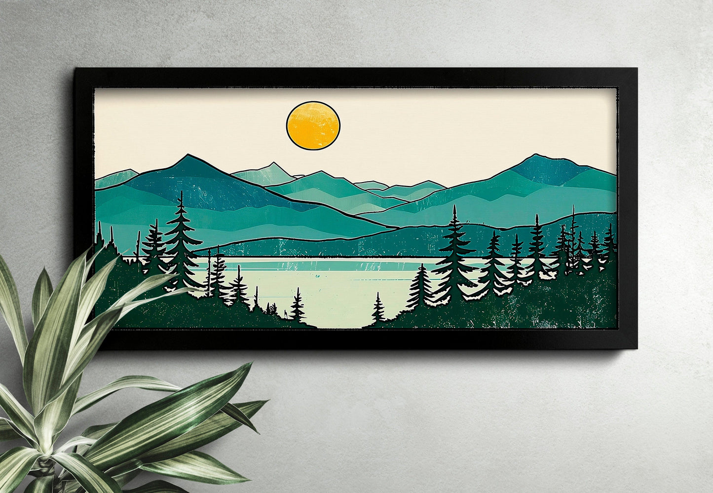 Minimalist Mountain Panorama Woodcut Mountain Lake Calm Landscape Blue and Green Earth Tones Modern Tree Nature Wall Art