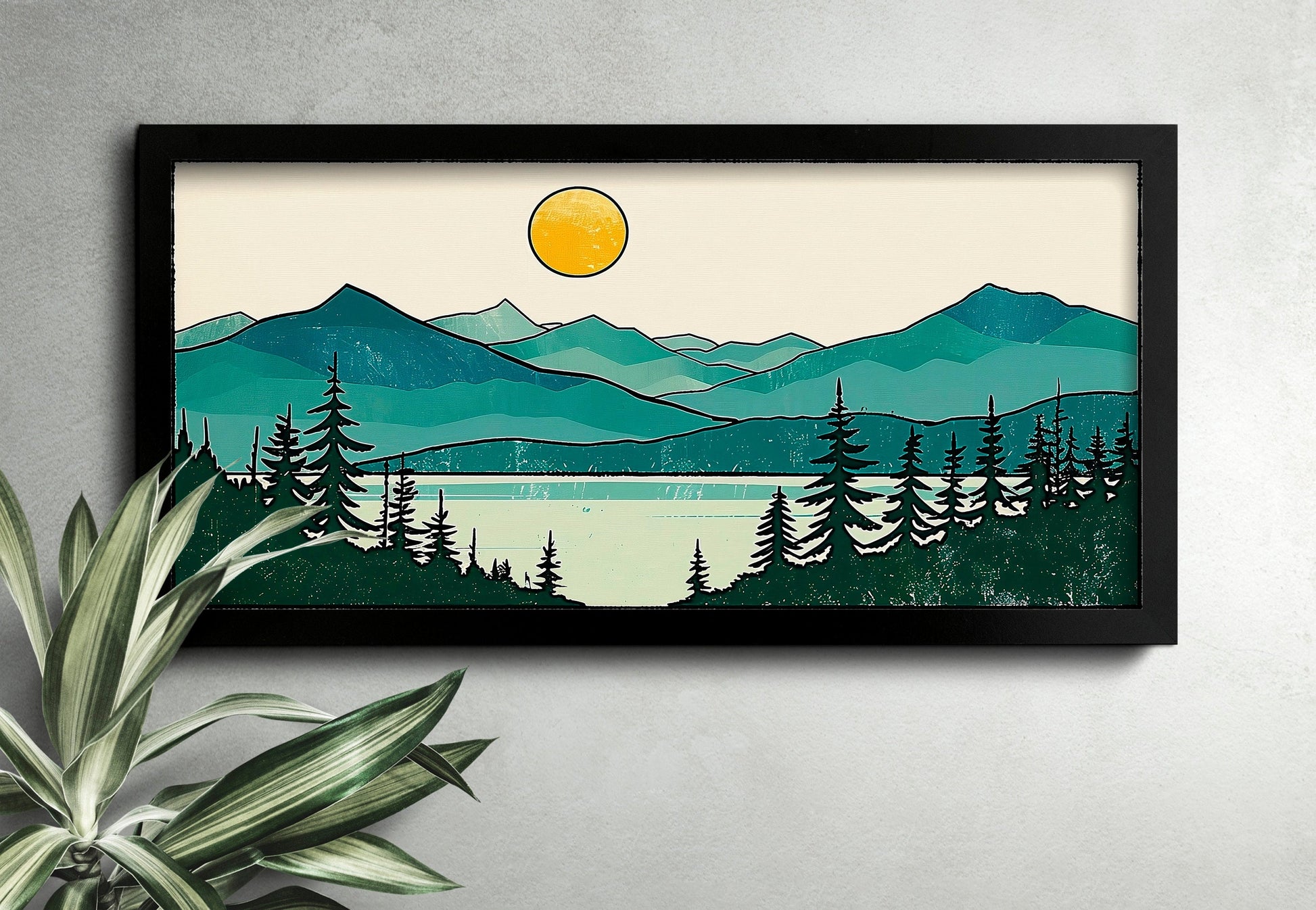 Minimalist Mountain Panorama Woodcut Mountain Lake Calm Landscape Blue and Green Earth Tones Modern Tree Nature Wall Art