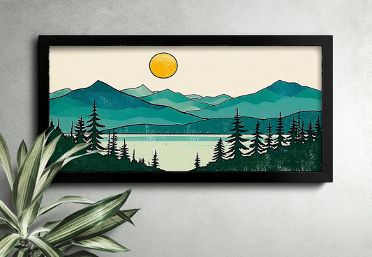 Minimalist Mountain Panorama Woodcut Mountain Lake Calm Landscape Blue and Green Earth Tones Modern Tree Nature Wall Art