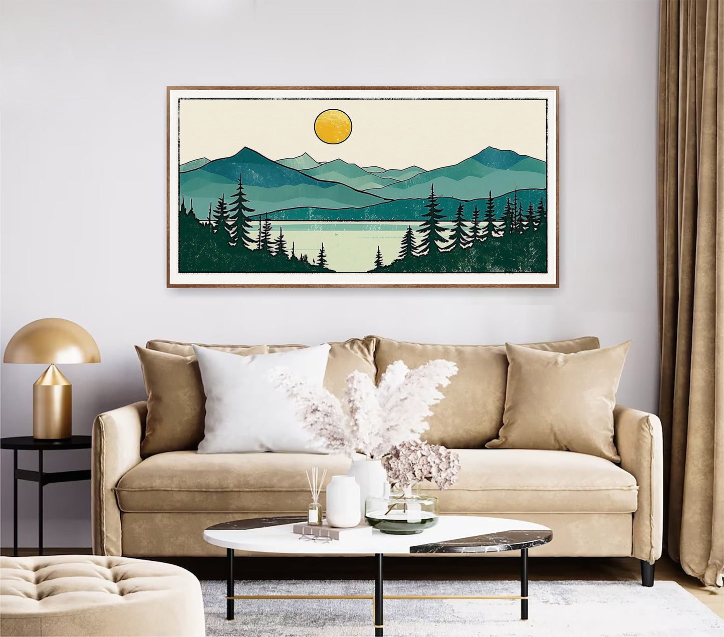 Minimalist Mountain Panorama Woodcut Mountain Lake Calm Landscape Blue and Green Earth Tones Modern Tree Nature Wall Art