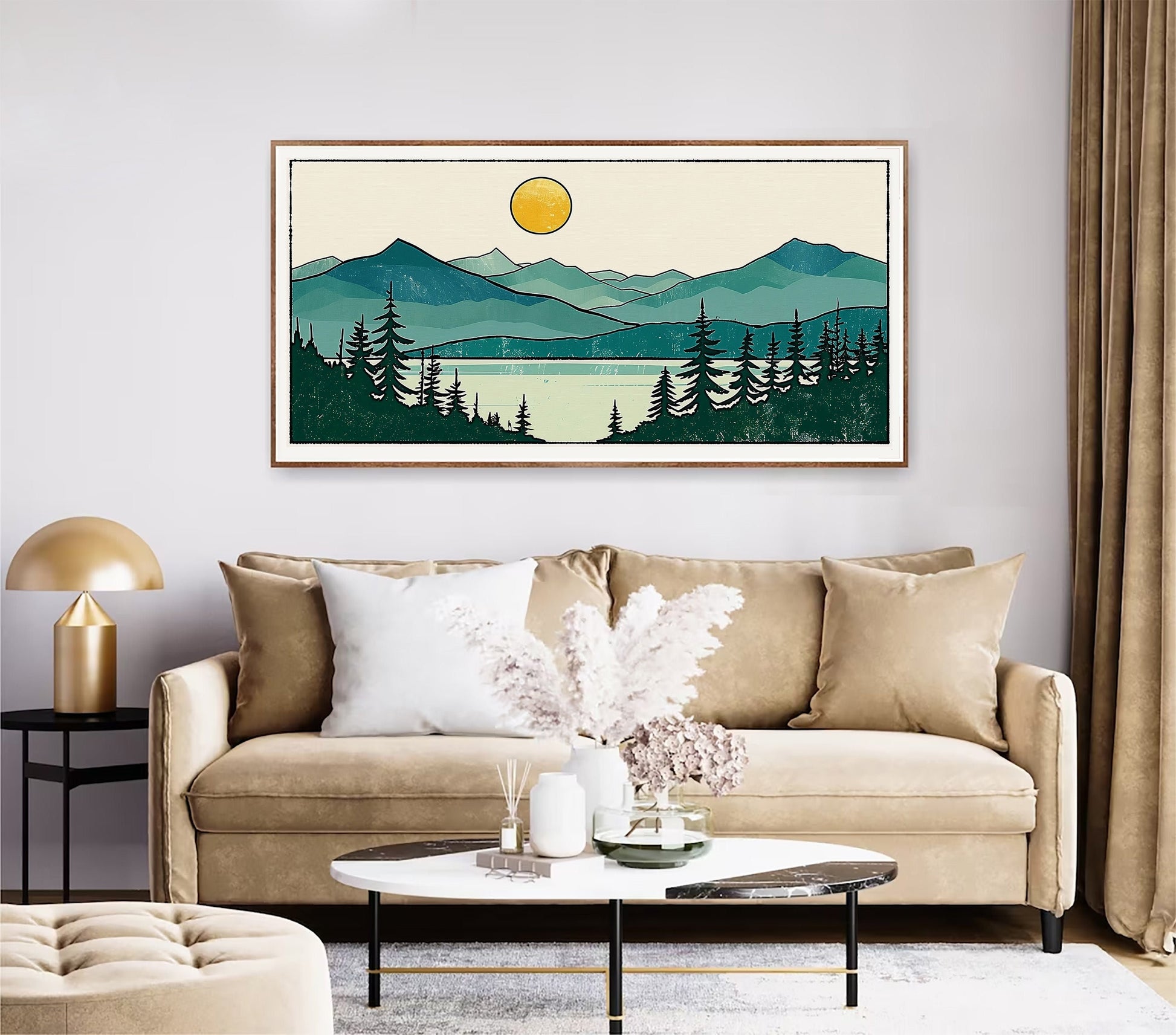 Minimalist Mountain Panorama Woodcut Mountain Lake Calm Landscape Blue and Green Earth Tones Modern Tree Nature Wall Art