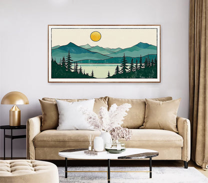 Minimalist Mountain Panorama Woodcut Mountain Lake Calm Landscape Blue and Green Earth Tones Modern Tree Nature Wall Art